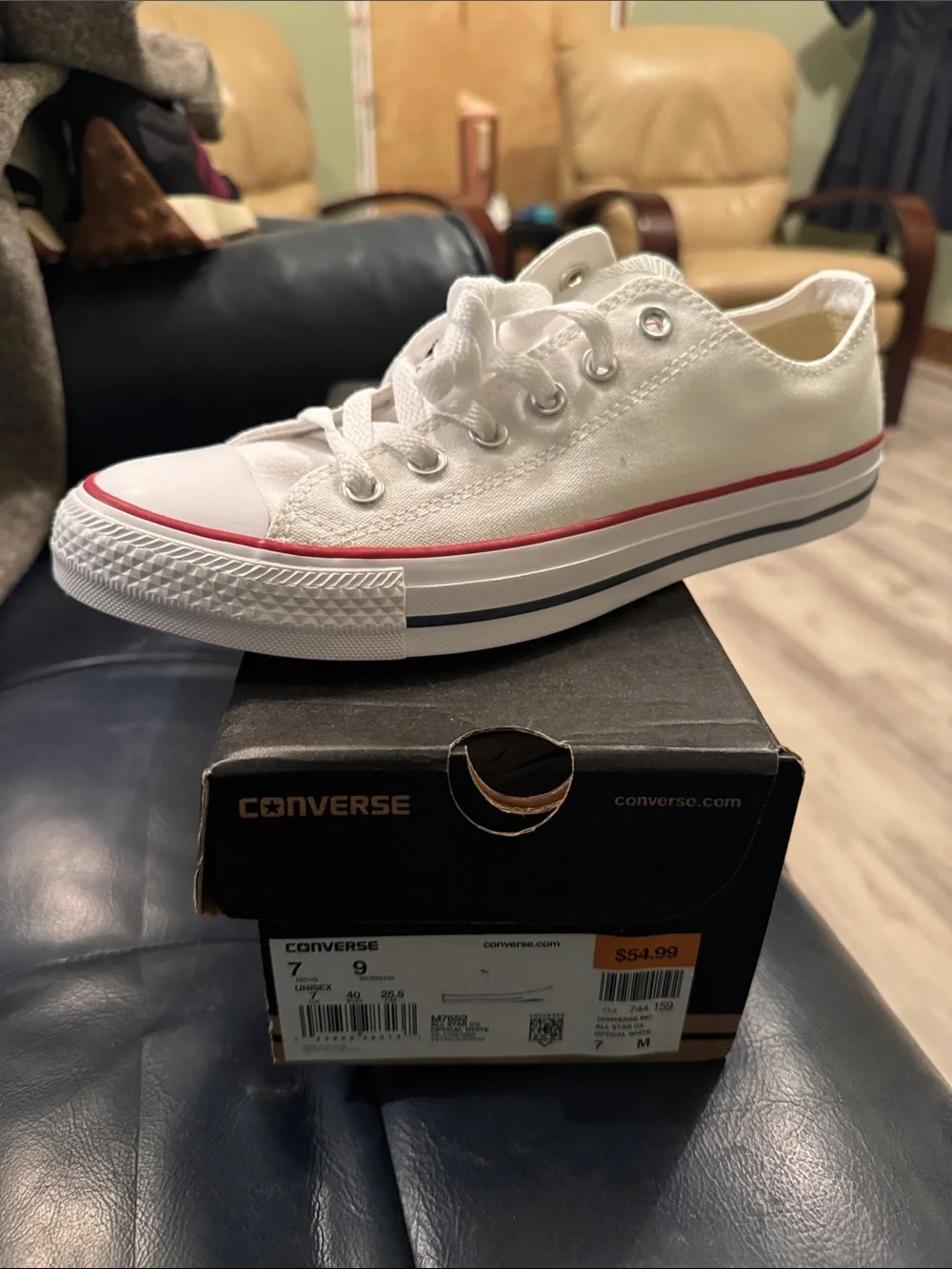 Converse White Low-Top Canvas Sneakers with Red and Black Stripe - Picture 1 of 3